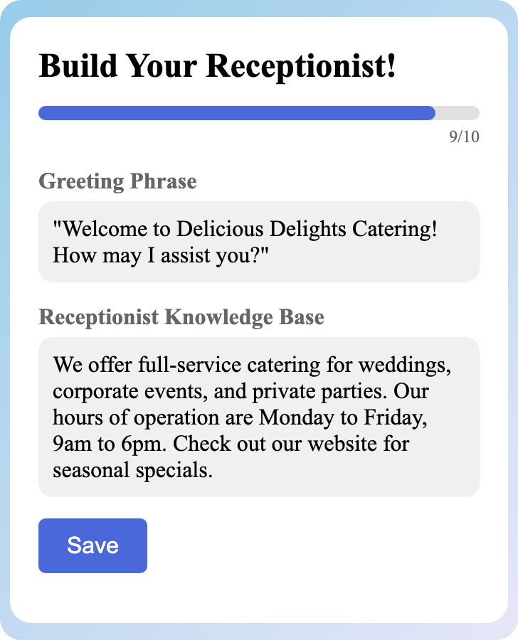 Sample receptionist setup for Catering