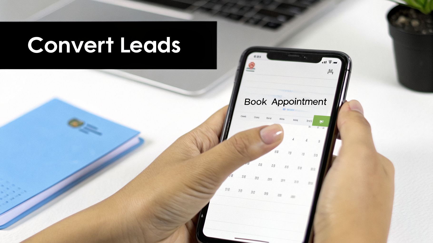 A person's hand holding a smartphone showing 'Book Appointment' and a calendar, with 'Convert Leads' text overlay.