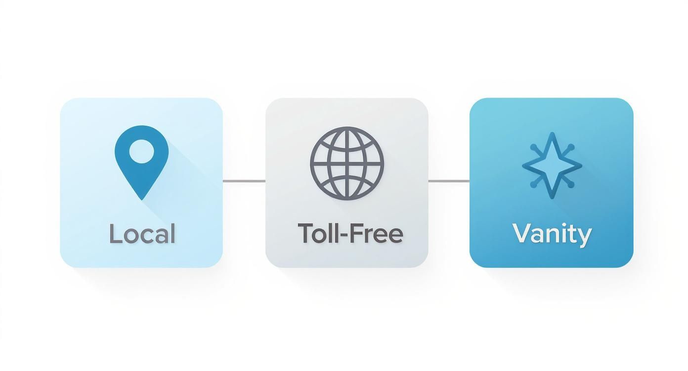 A visual diagram illustrating three distinct phone number types: Local, Toll-Free, and Vanity numbers.