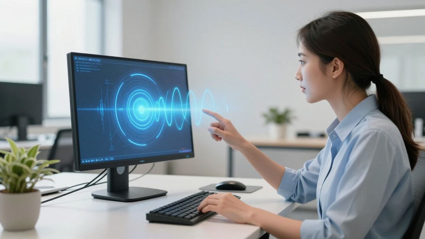 Small business owner interacting with AI voice assistant.