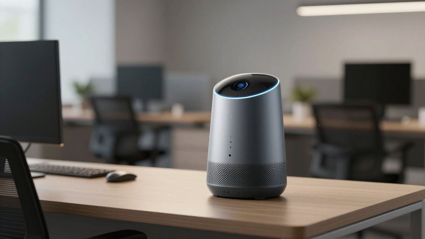 AI voice assistant device in a modern office.