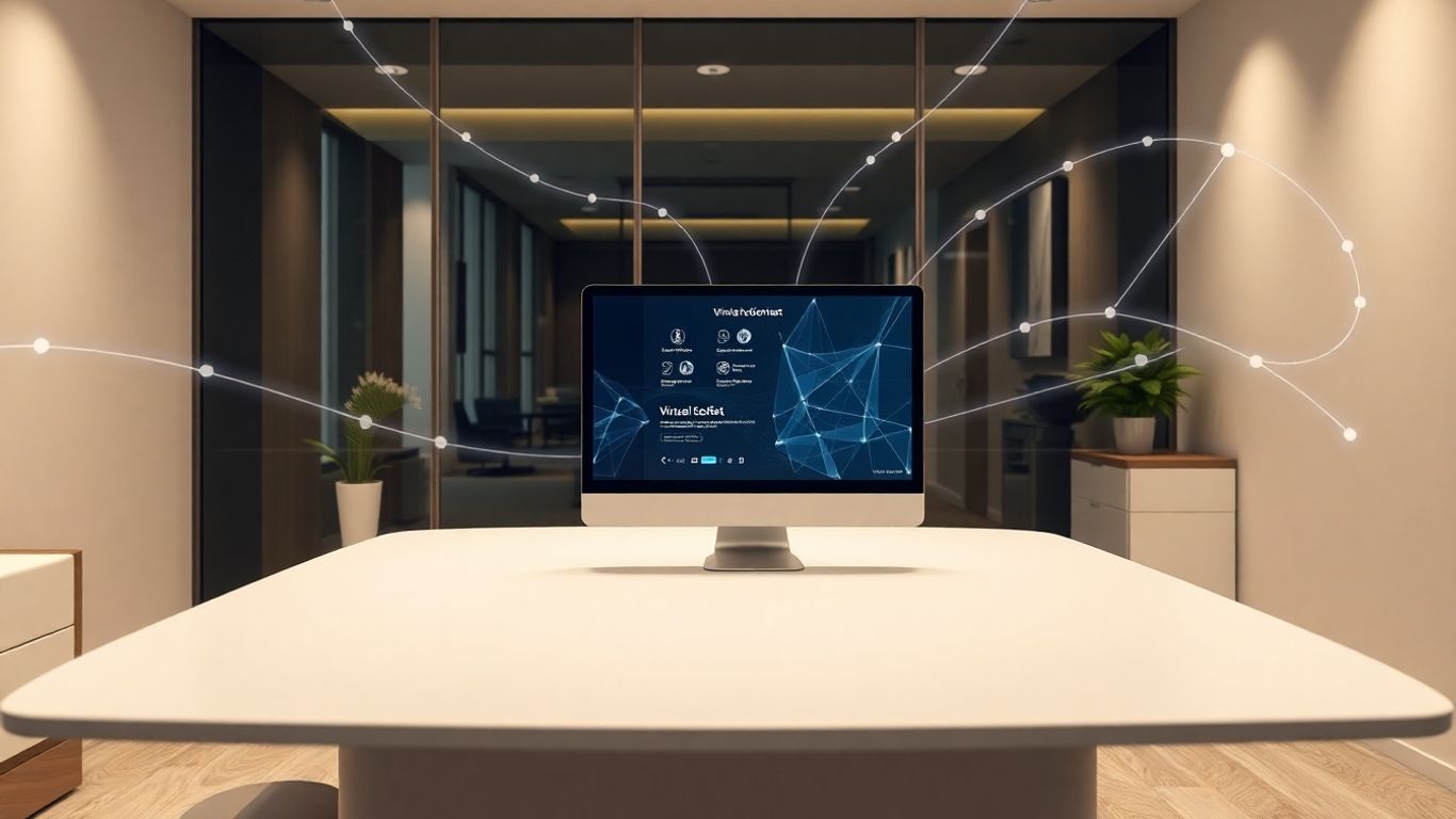 Virtual receptionist interface on a computer screen in an office.