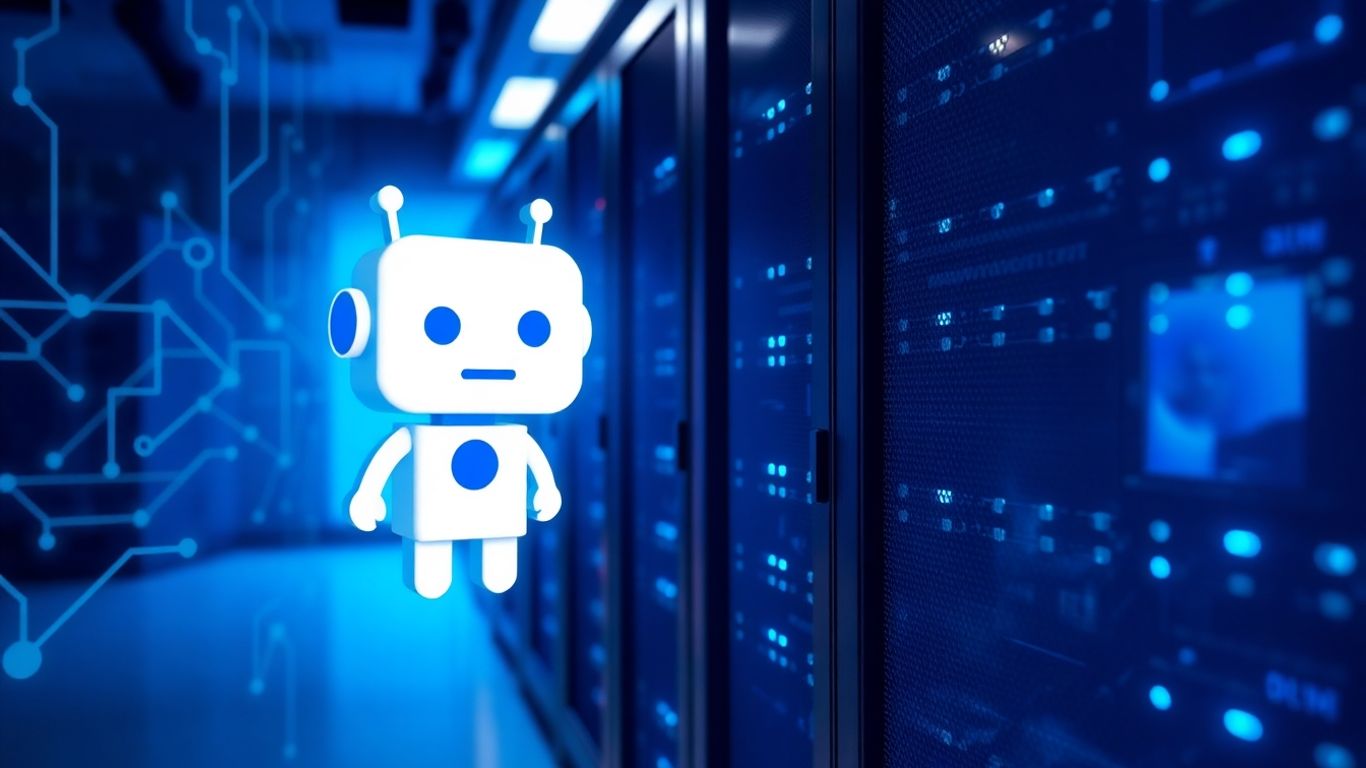 AI chatbot hosting server rack with digital circuits.