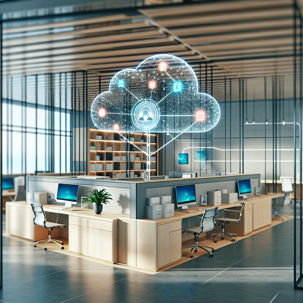 A modern office with a virtual receptionist setup, showcasing cloud-based technology in use.