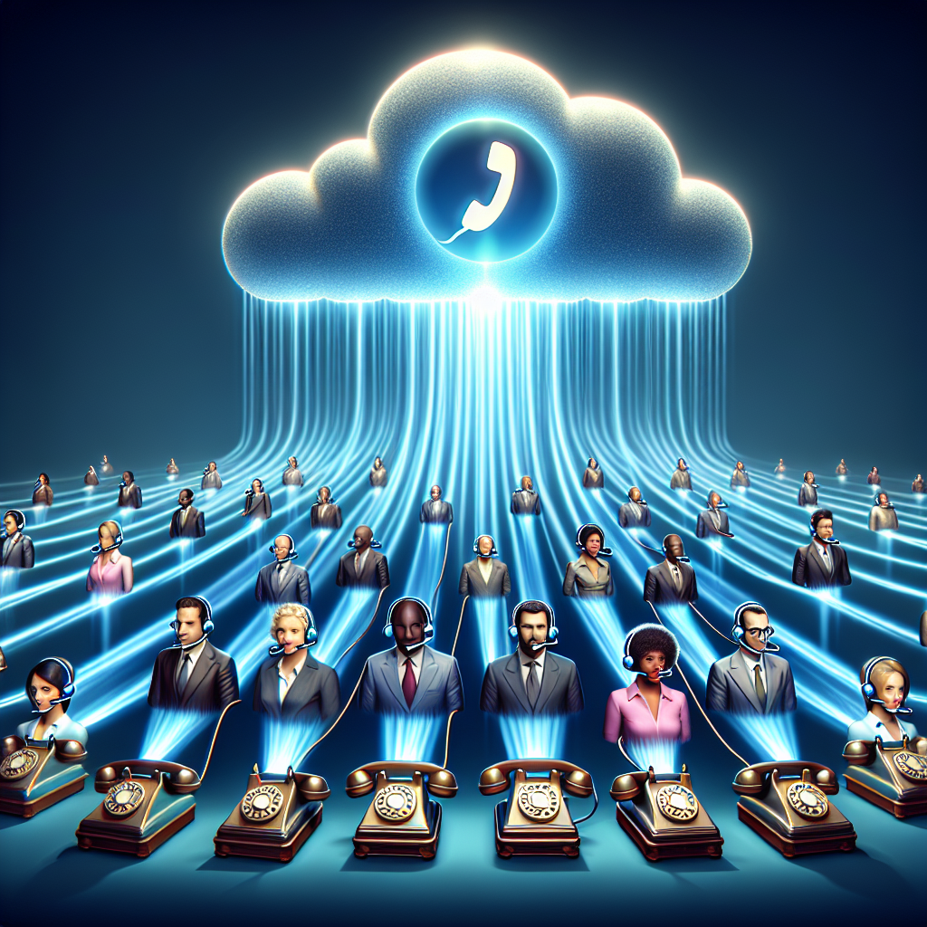 Illustration of a cloud-based call answering system with AI receptionists managing customer calls