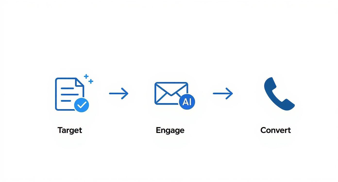 A diagram showing a lead generation process: Target, AI-powered Engage, and Convert via phone call.
