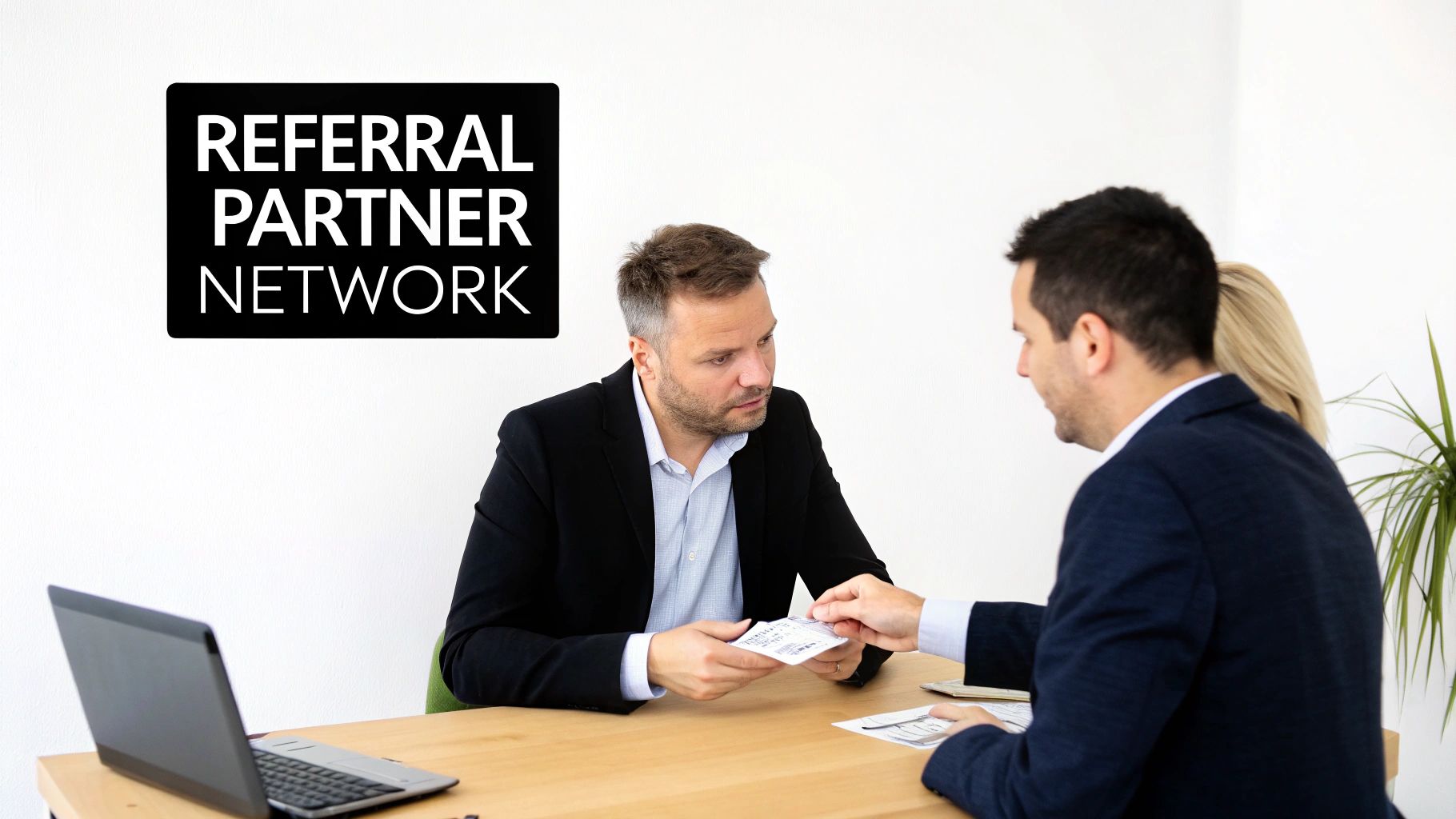 Two businessmen at a desk exchanging papers, with a 'REFERRAL PARTNER NETWORK' sign on the wall.