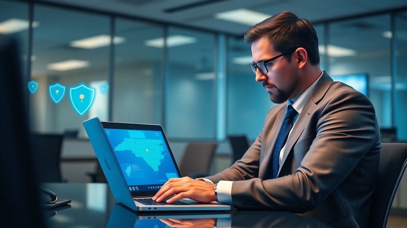Businessperson reviews email security alerts in North Carolina office
