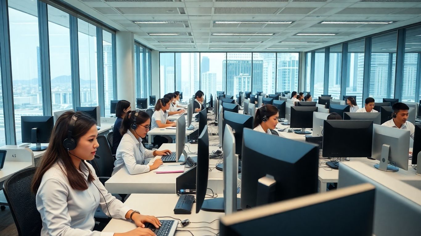 Modern call center office with Filipino employees working