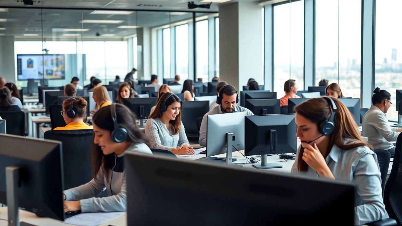 Diverse call center agents working in a busy office