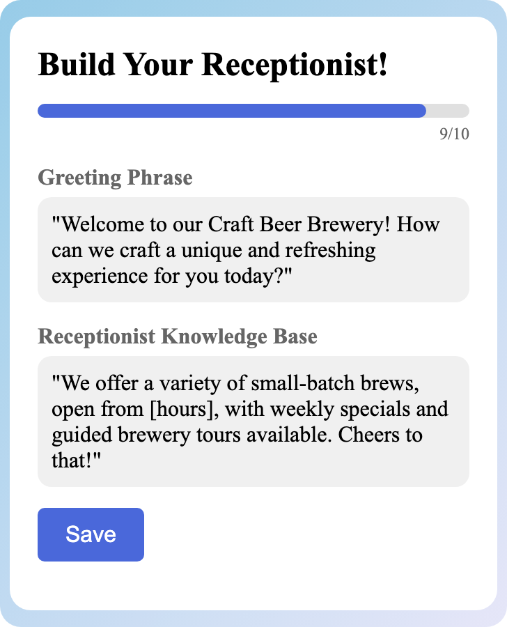 Sample receptionist setup for Craft Beer Brewery