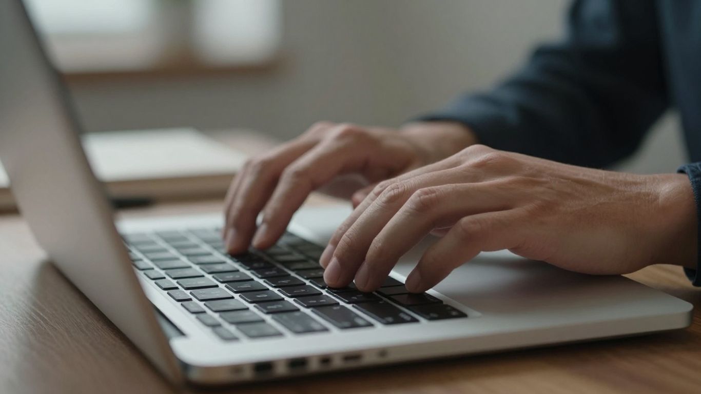 Hands typing on a laptop creating an AI chatbot.