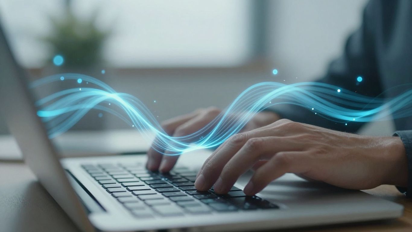 Hands typing on a futuristic keyboard
