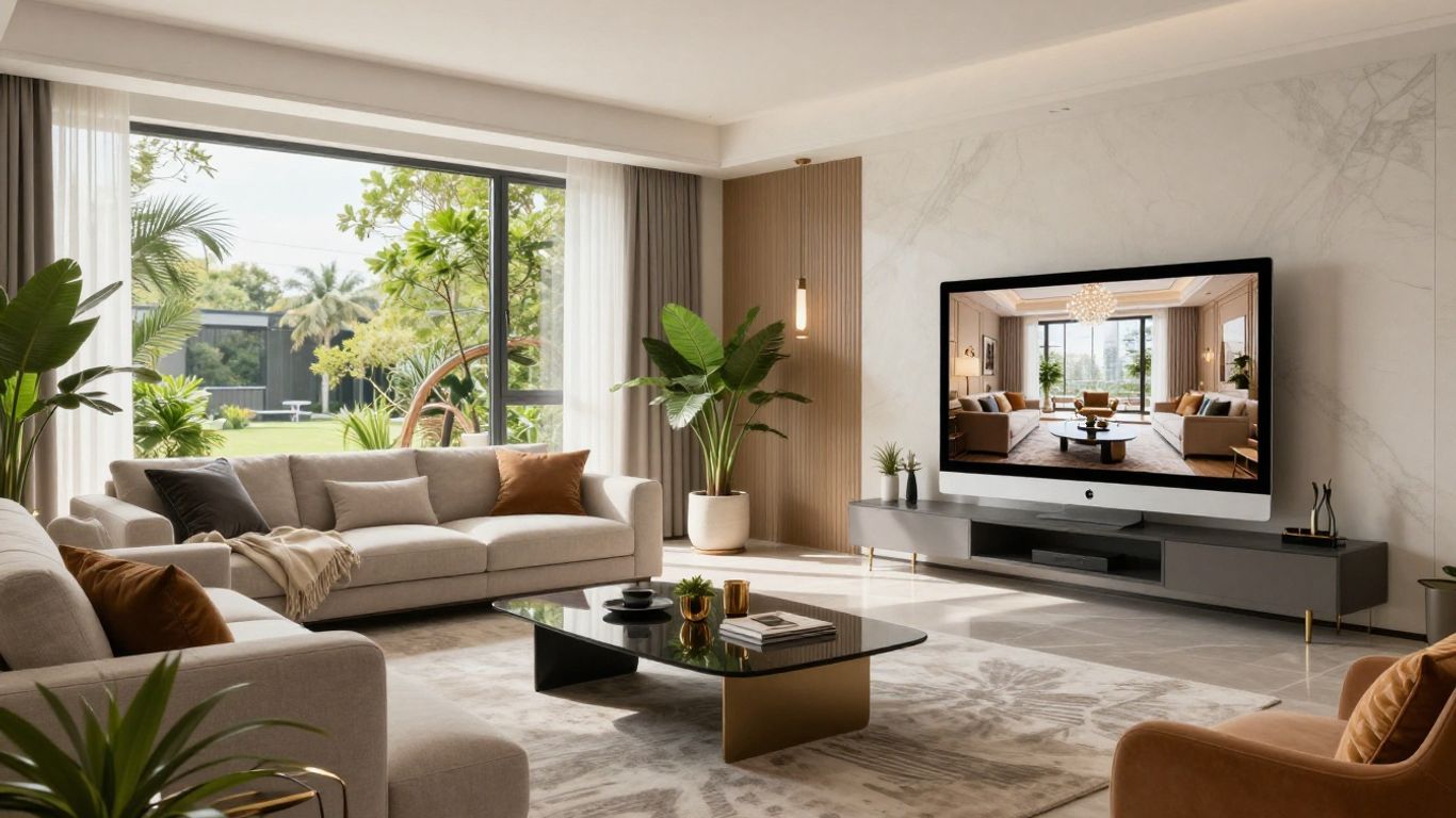 Modern living room with computer showing luxury home interior