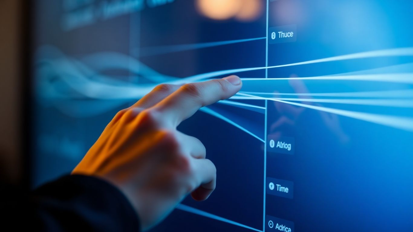 Hand interacting with a futuristic digital interface for time selection.