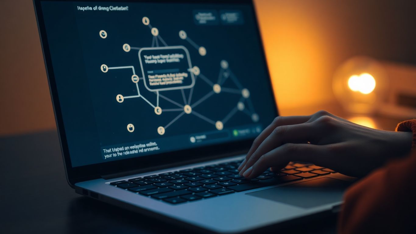 Hands typing on a laptop with a chatbot interface.