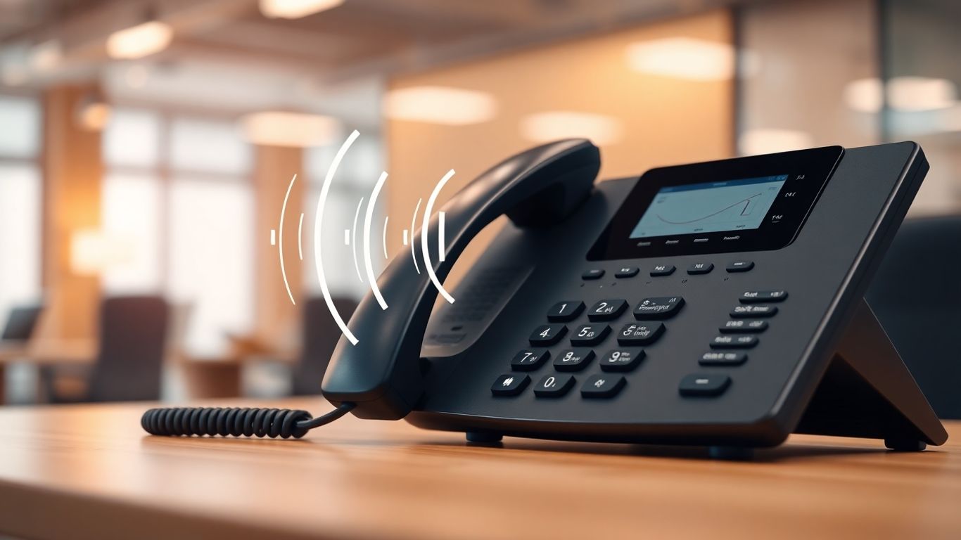Modern phone with sound waves, office background.