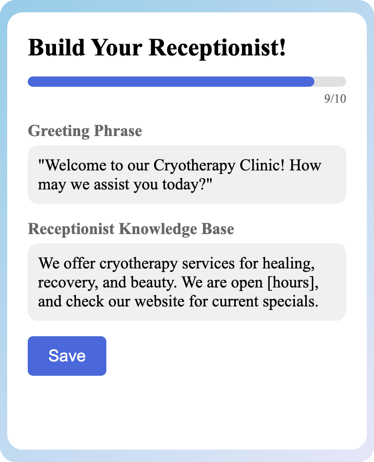 Sample receptionist setup for Cryotherapy Clinic