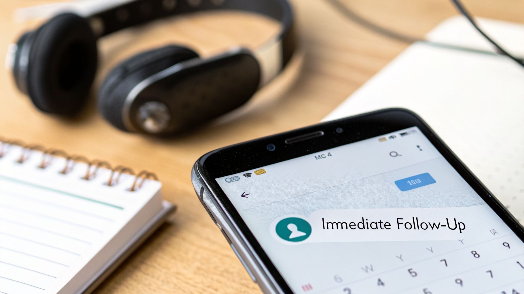 A smartphone displaying an 'Immediate Follow-Up' message on a wooden desk with headphones and a notebook.