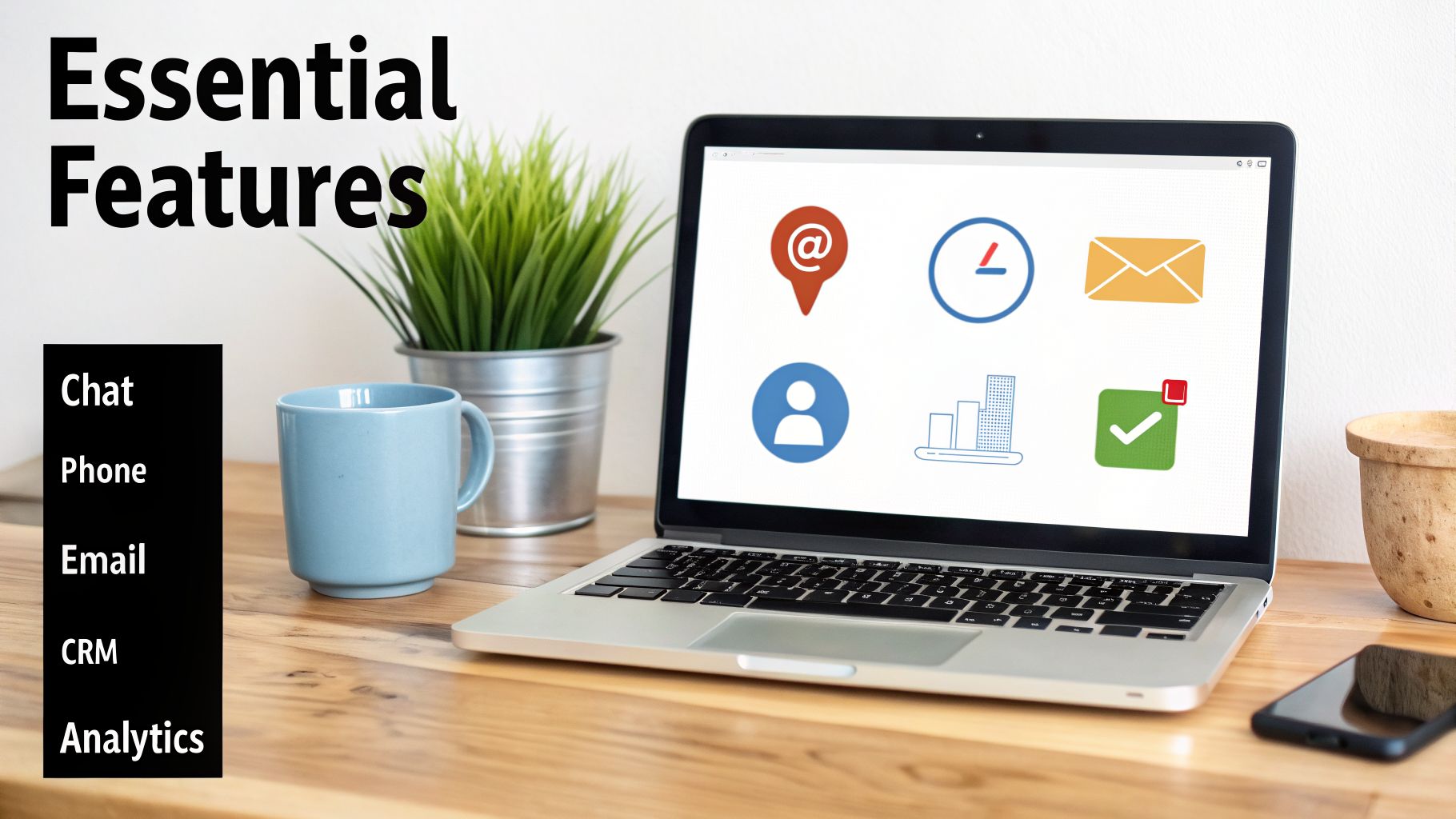 Laptop screen displaying various service feature icons, with a list of essential features like chat, phone, email, CRM, and analytics.