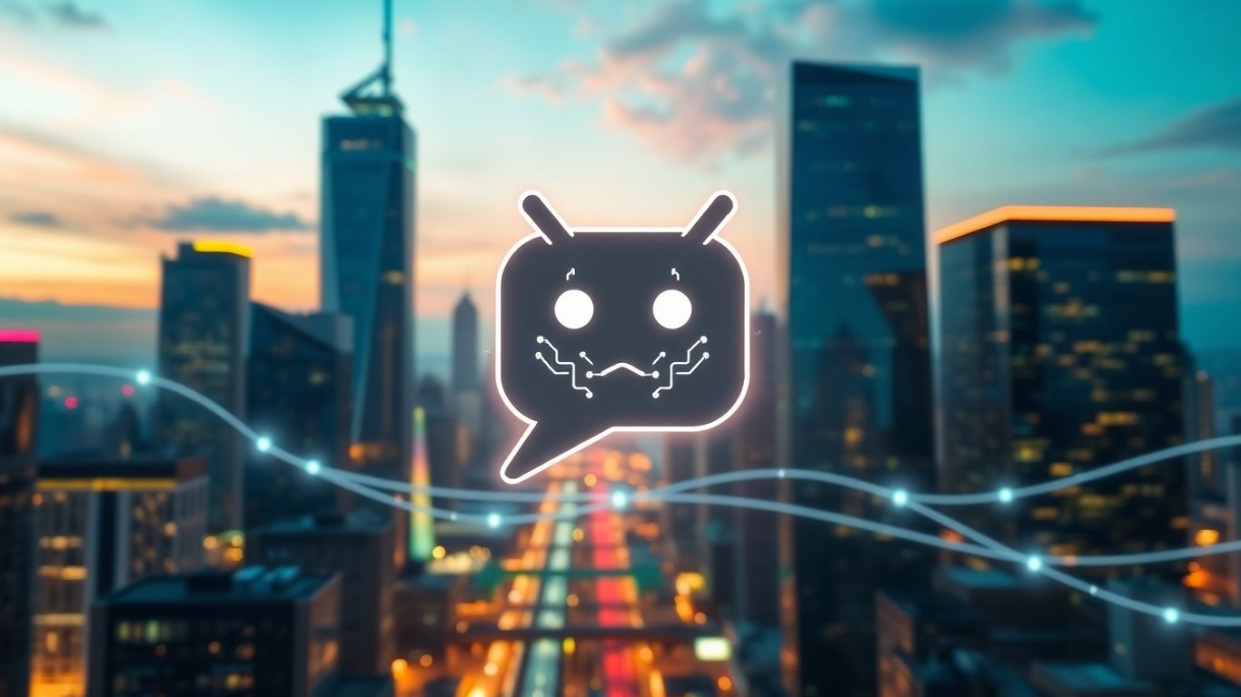 Futuristic cityscape with glowing AI chatbot icon.