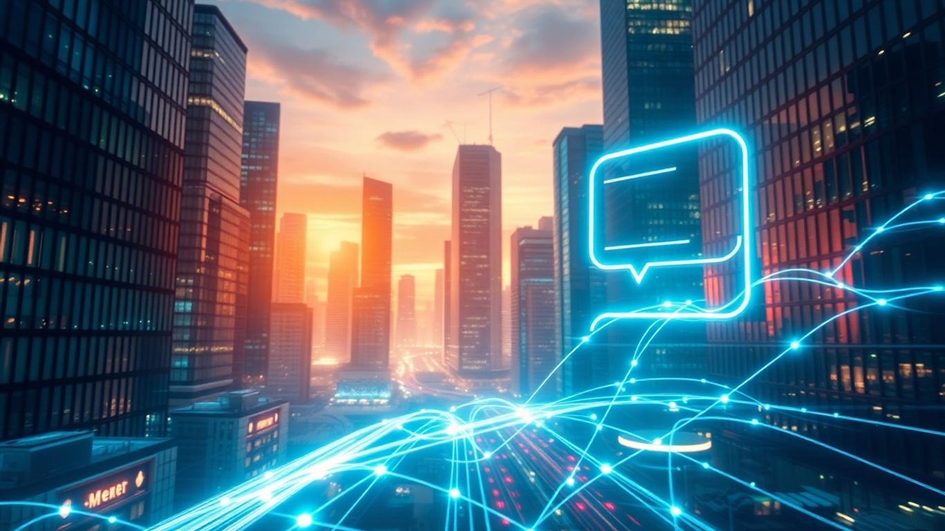 Futuristic cityscape with glowing chatbot interface.