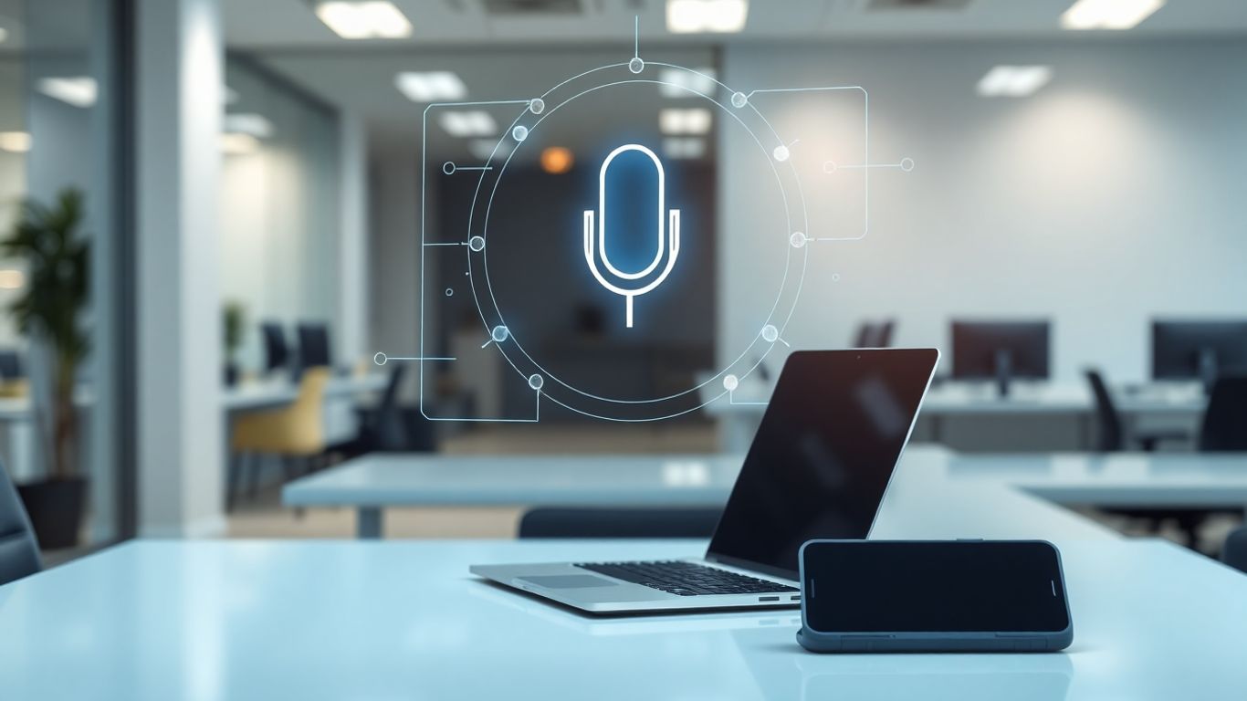 AI voicebot interface above a desk in an office.