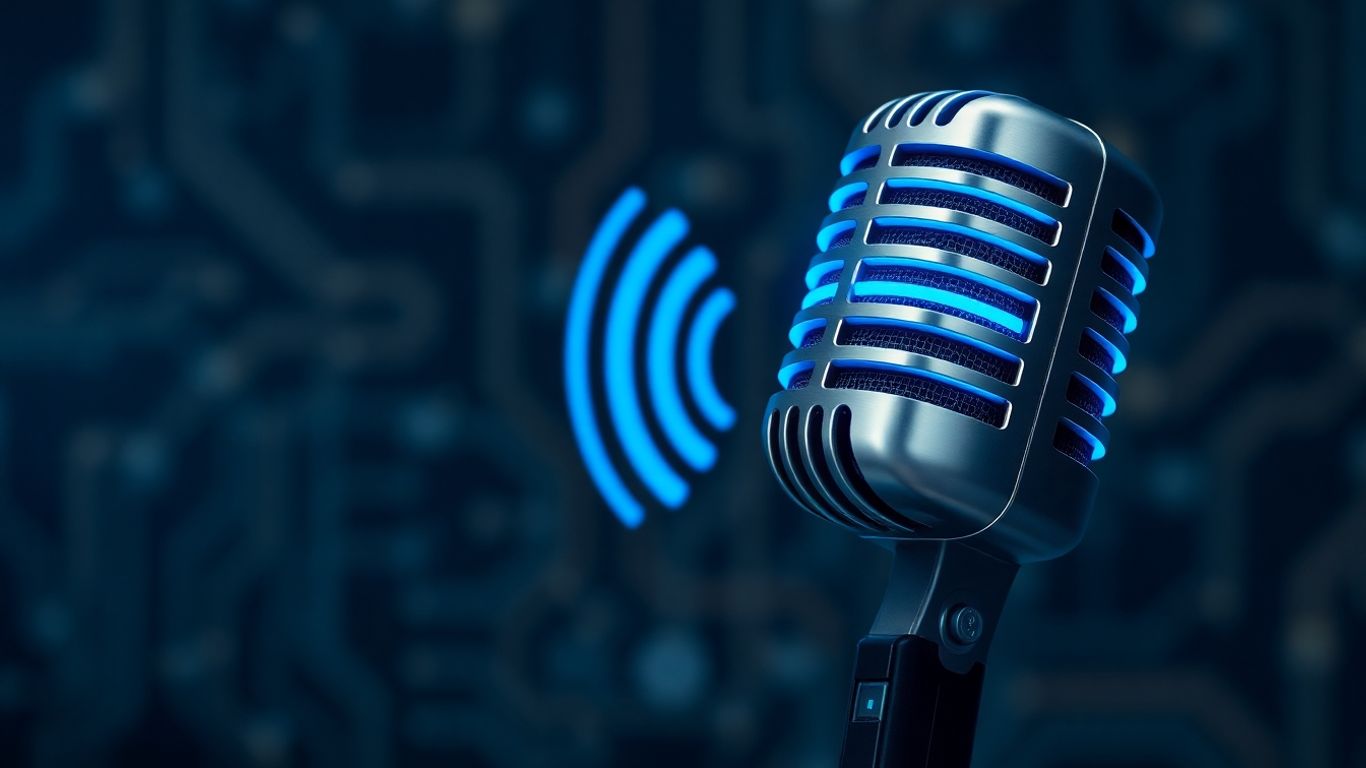 AI voicebot microphone with digital circuit background