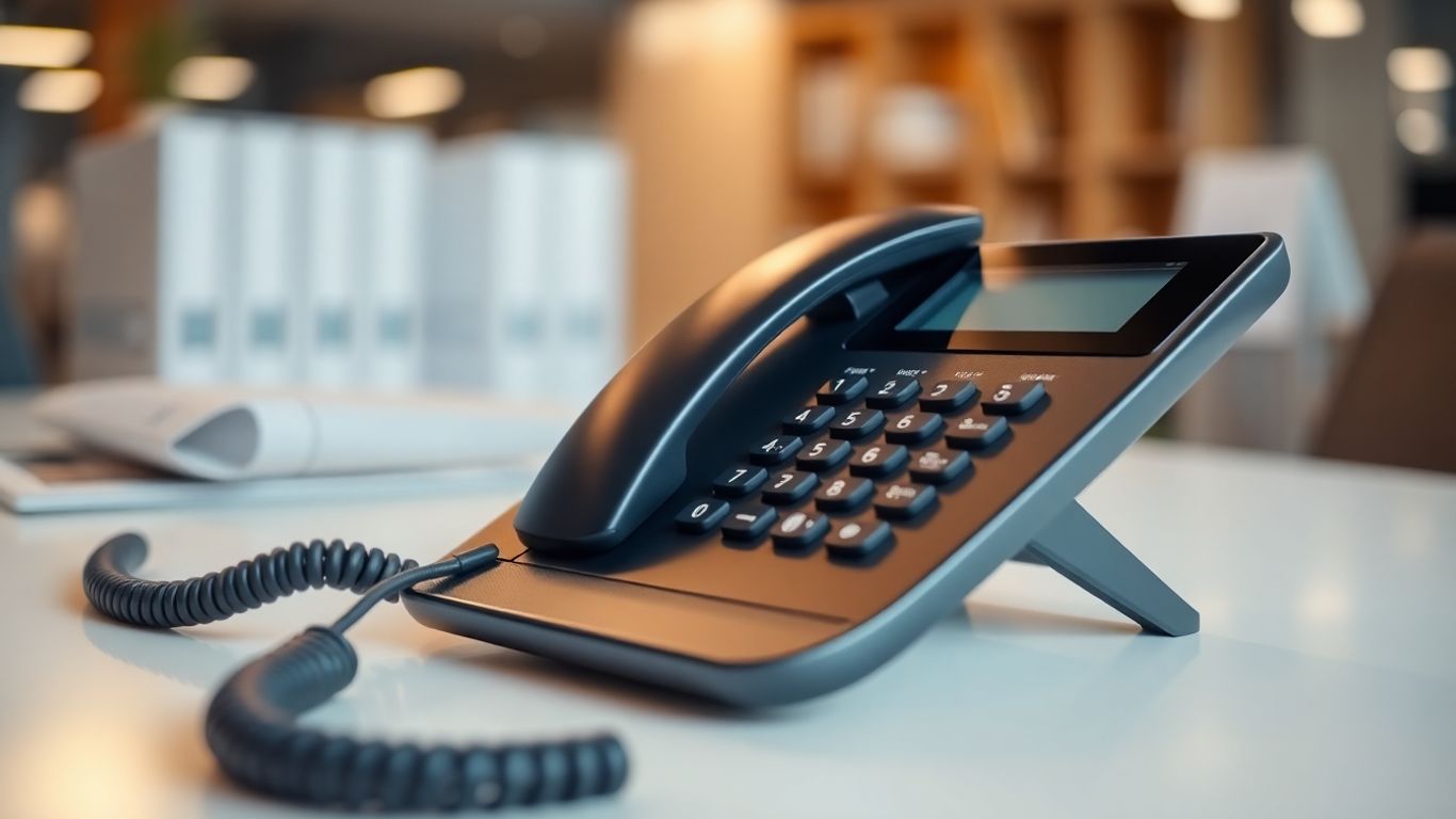 Modern telephone on an office desk.