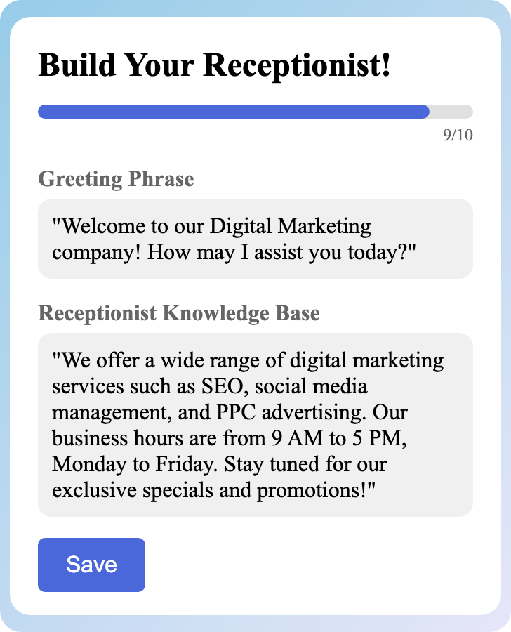 Sample receptionist setup for Digital Marketing