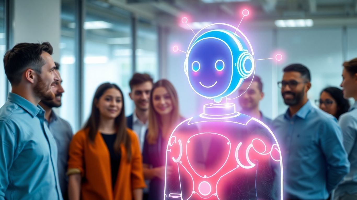 AI chatbot interacting with people in a modern office.