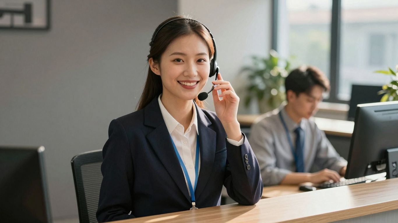 Smiling receptionist with headset, ready for calls.