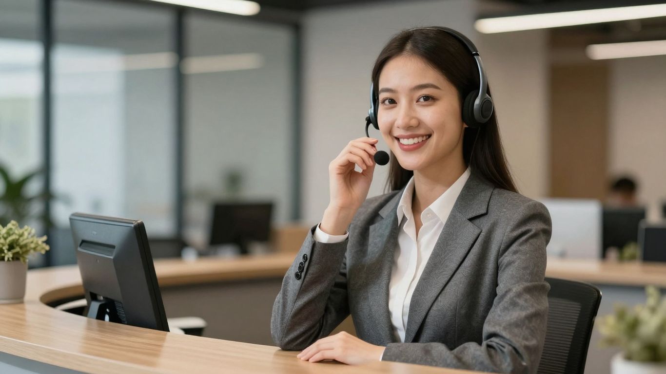 Receptionist smiling while wearing a headset.