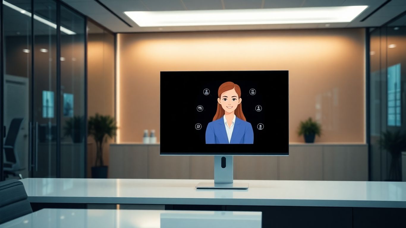 AI receptionist on screen in office