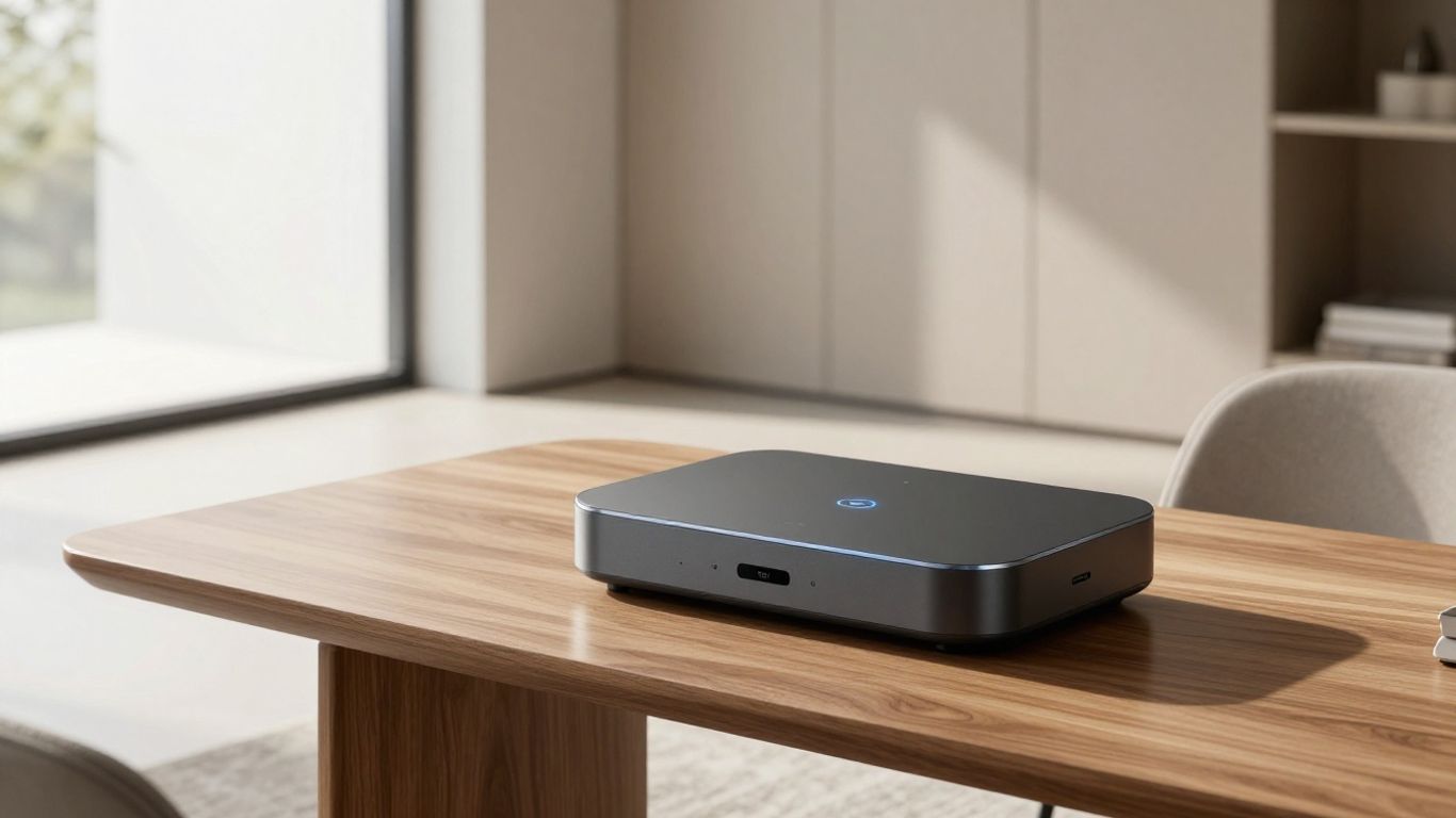 AI assistant device in a modern living room.