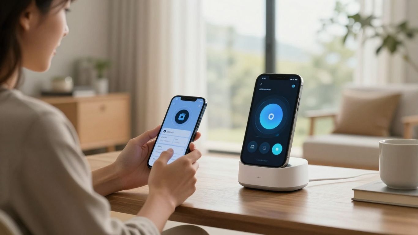 Person uses digital assistant in modern smart home