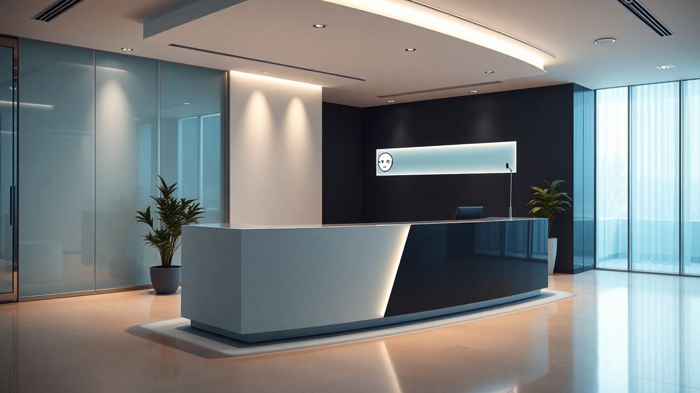 AI chatbot interface at a modern office reception desk.