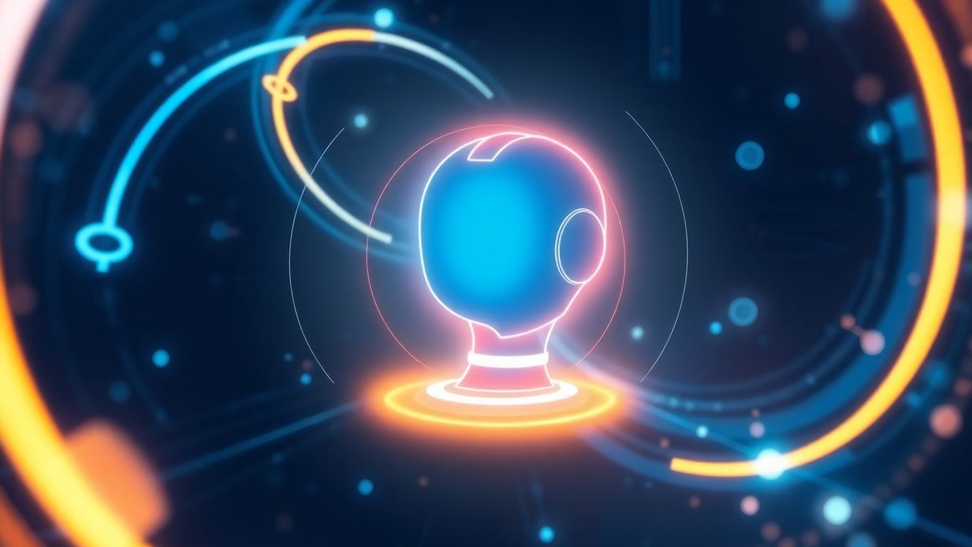 Futuristic AI chatbot interface with a robot head.