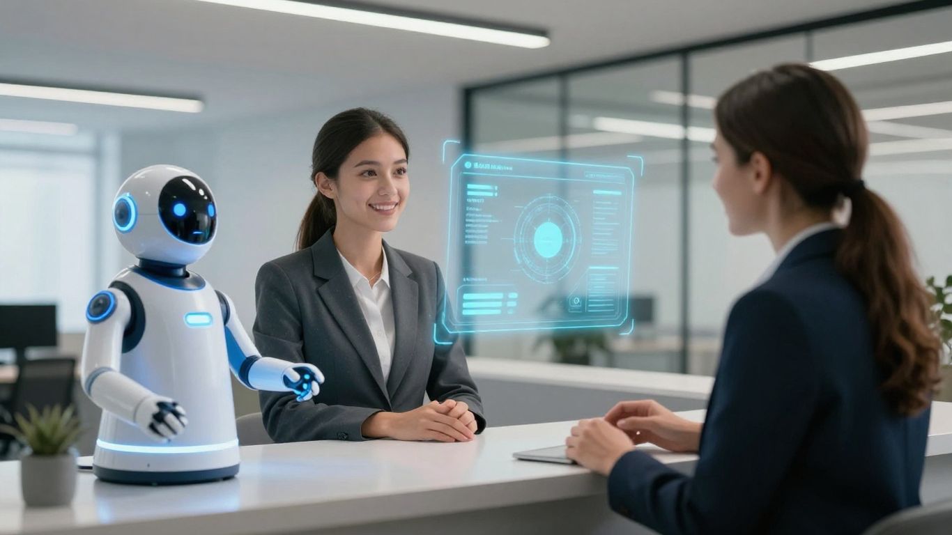 AI receptionist assisting a realtor in a modern office.