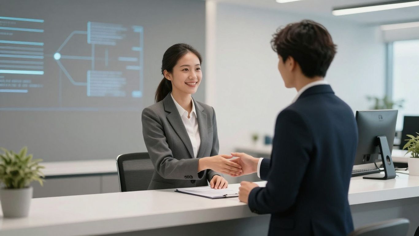 AI receptionist at a modern office desk greeting a visitor.