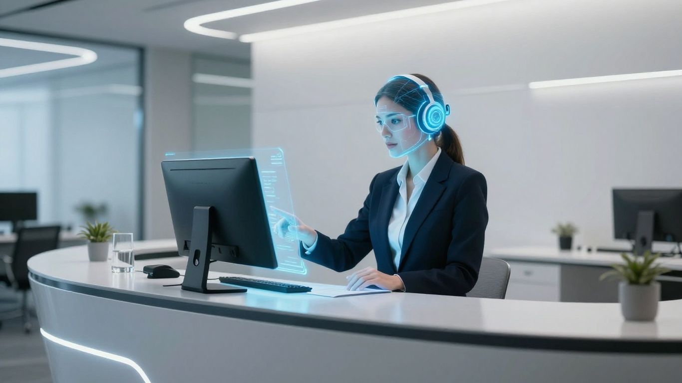 AI receptionist assisting a visitor at a modern office desk.