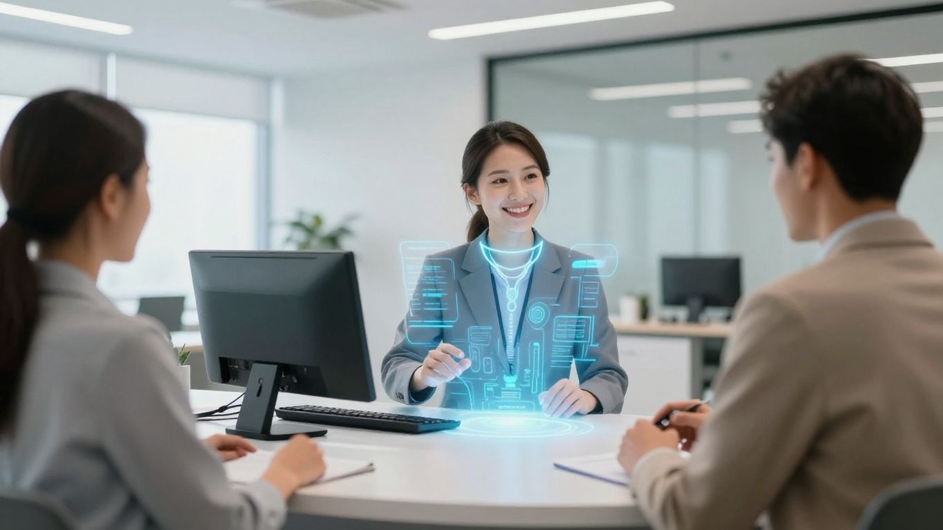 AI receptionist avatar assisting a visitor at a modern office desk.