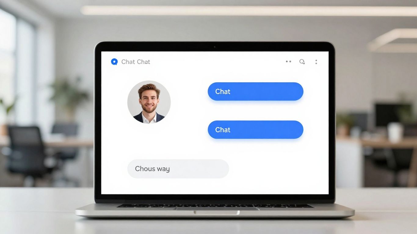 Chatbot interface on a laptop screen in an office.