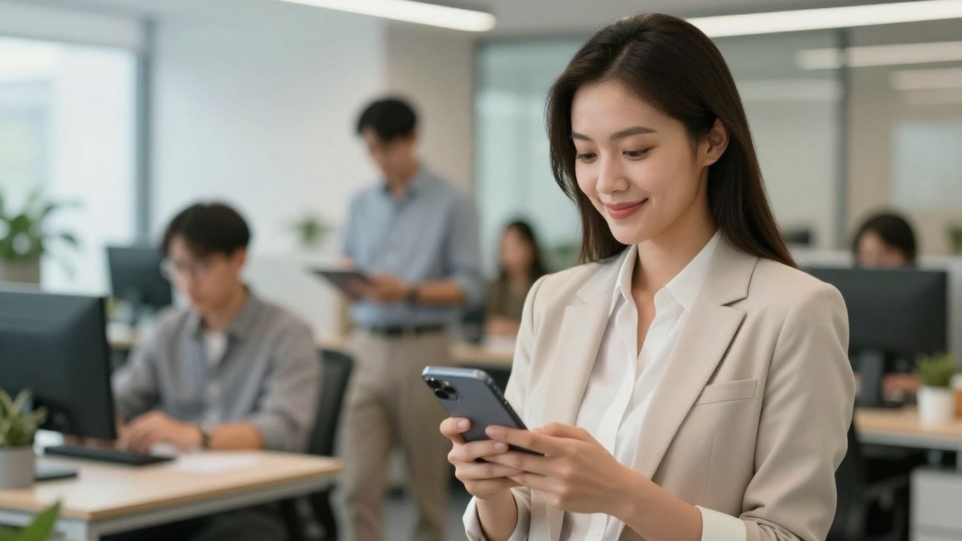 Professional woman with smartphone in office