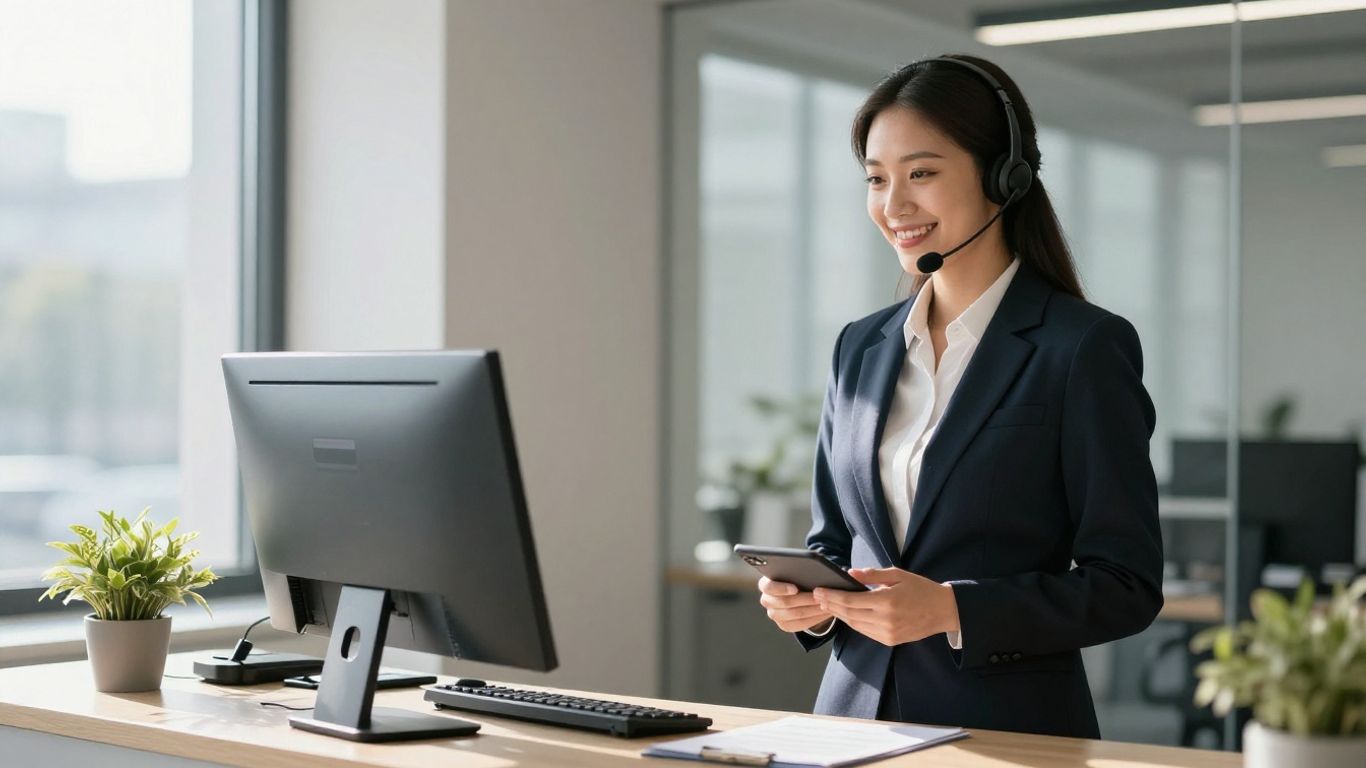 AnswerConnect receptionist with headset, professional office.