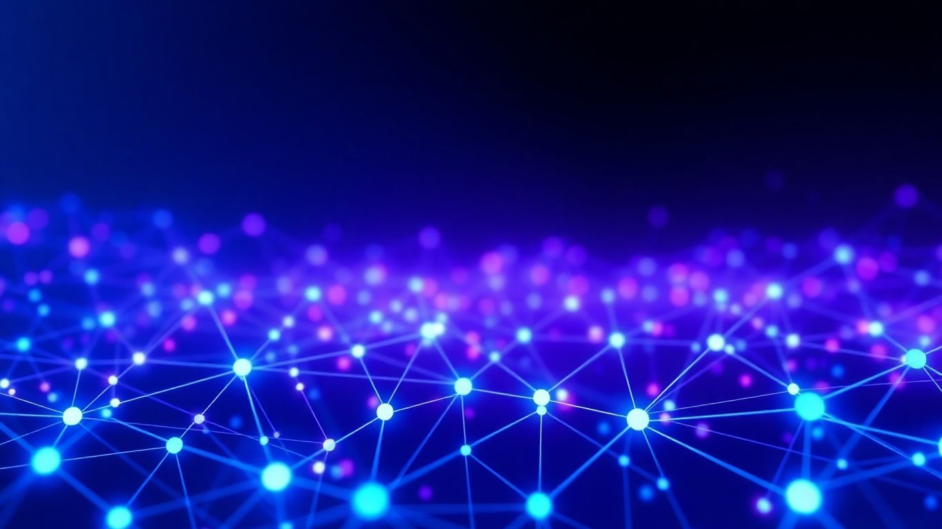 Abstract digital network with glowing nodes and lines.