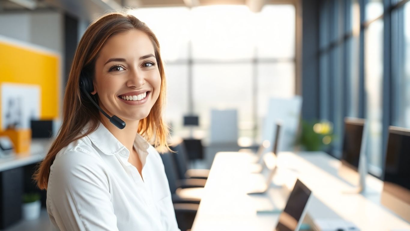 Professional woman with headset in a bright office.