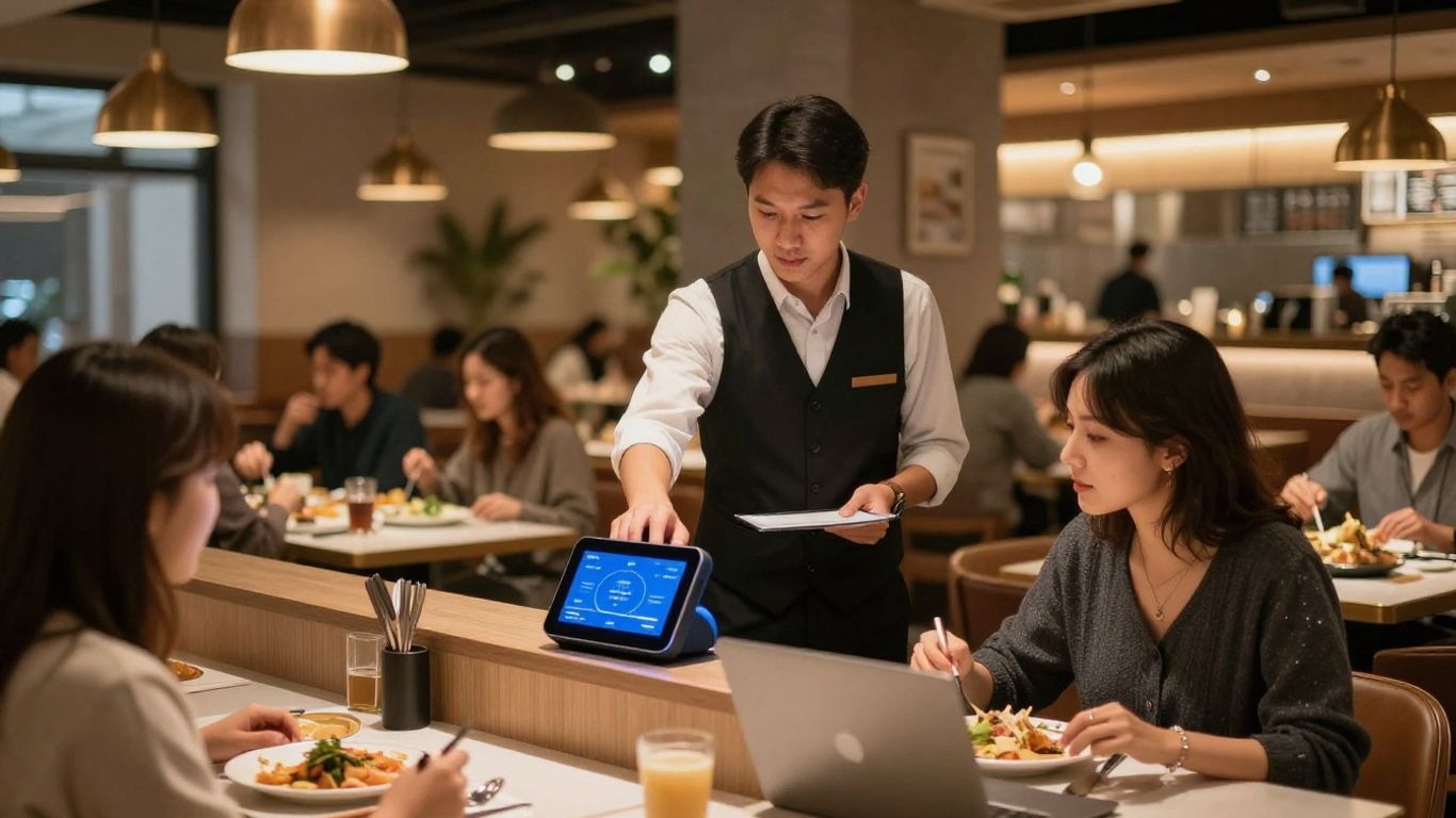 Server using voice AI device in modern restaurant