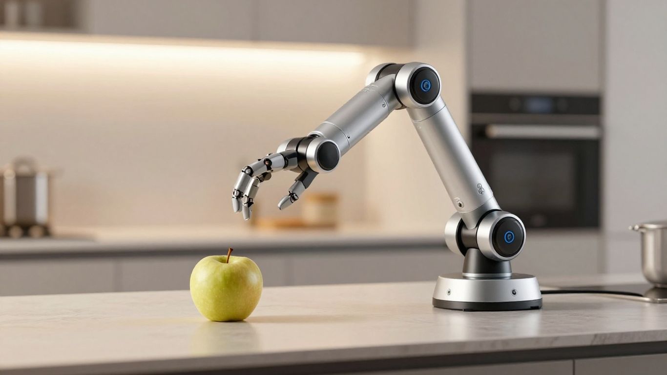 Robot arm holding an apple in a modern kitchen.