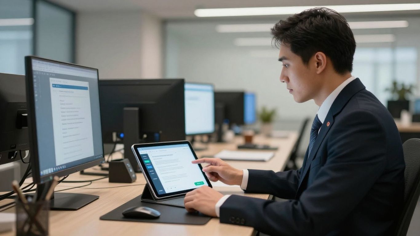 Attorney using AI call answering service on tablet.